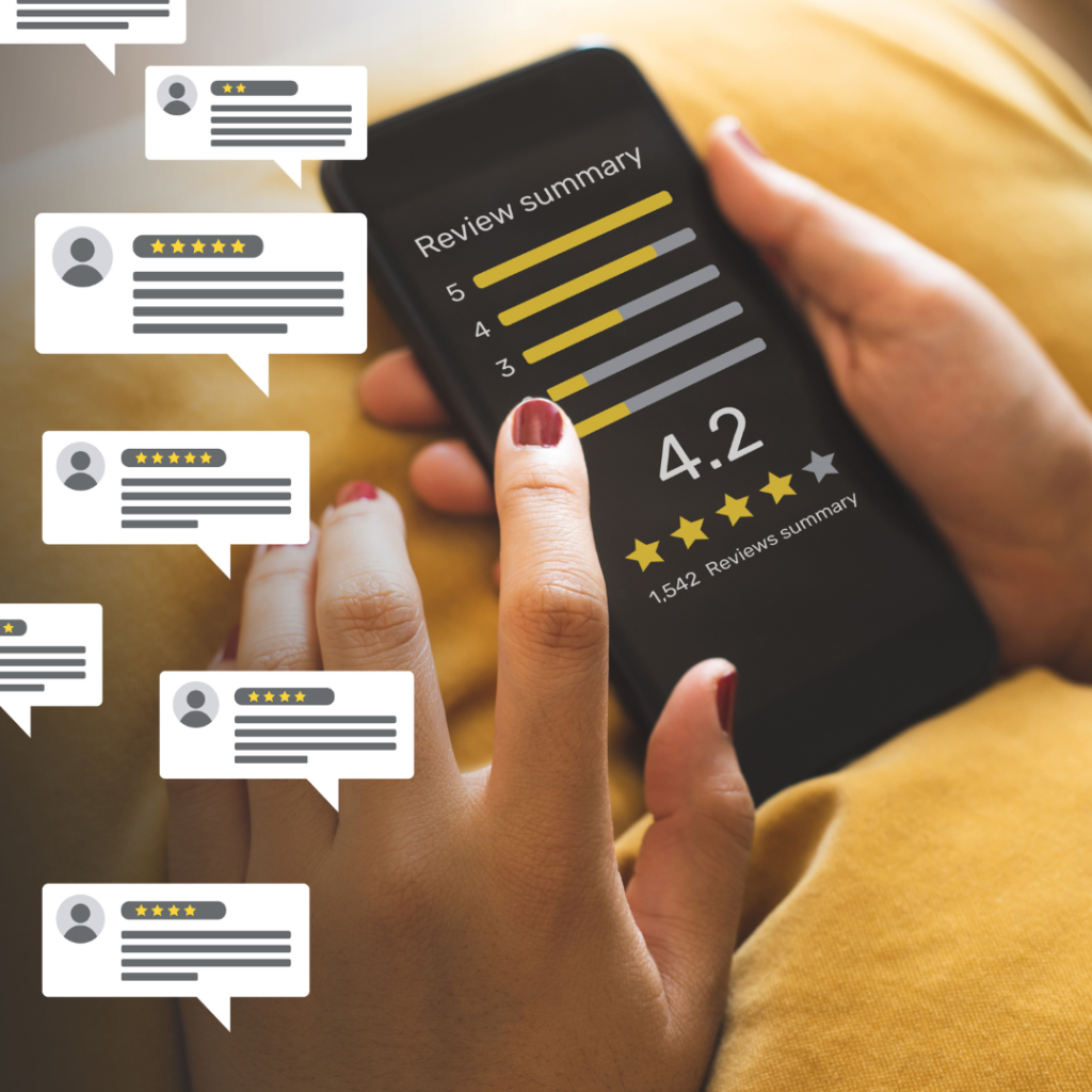person checking customer reviews on their phone