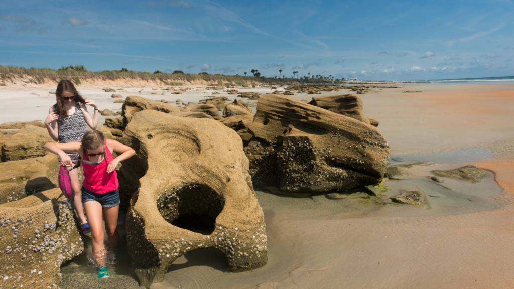 two teen girls exploring on a beach
