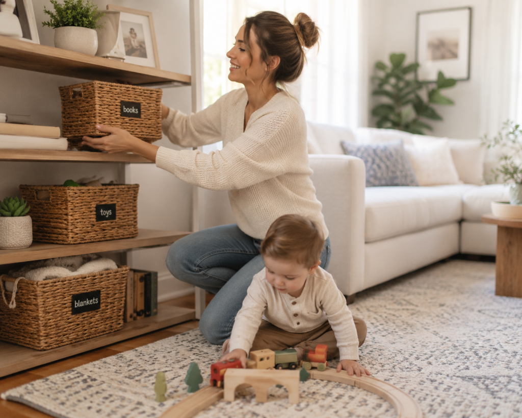 Young mom organizing her living room with labeled baskets while her toddler plays nearby