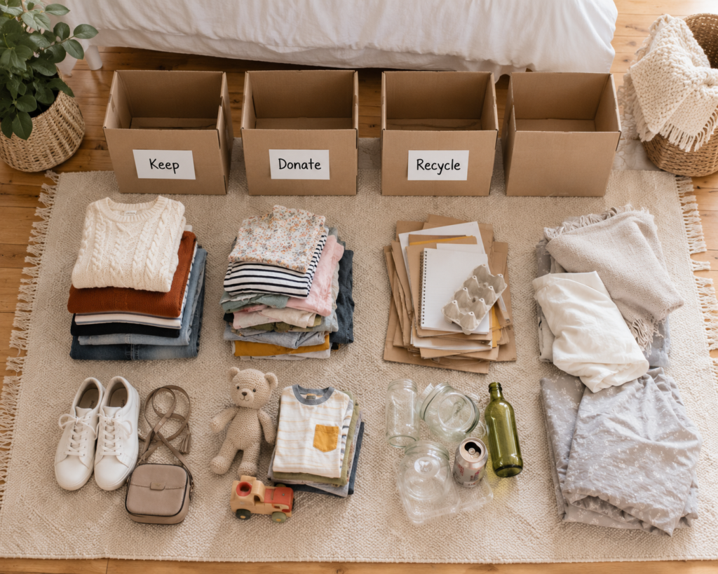 Household items sorted into keep, donate, and recycle boxes during a home decluttering session