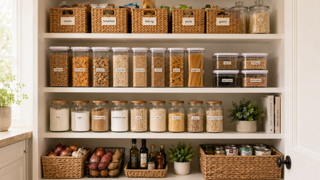 Organized pantry with clear labeled storage containers and baskets for a family kitchen