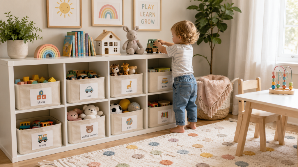 Toddler putting a toy away on low playroom shelves with picture-labeled storage bins