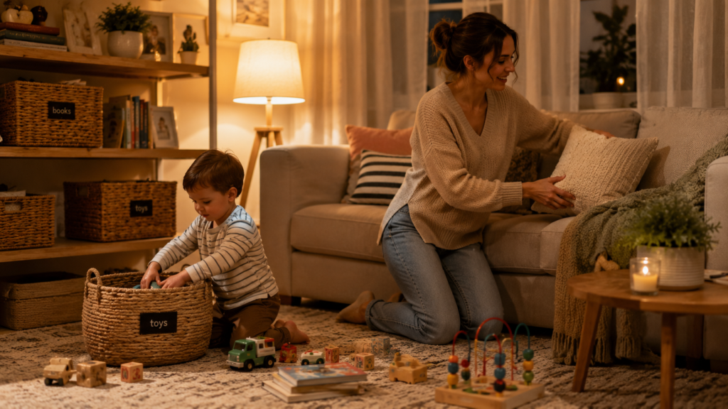 Mom and child doing a quick 10-minute evening tidy-up of the living room together