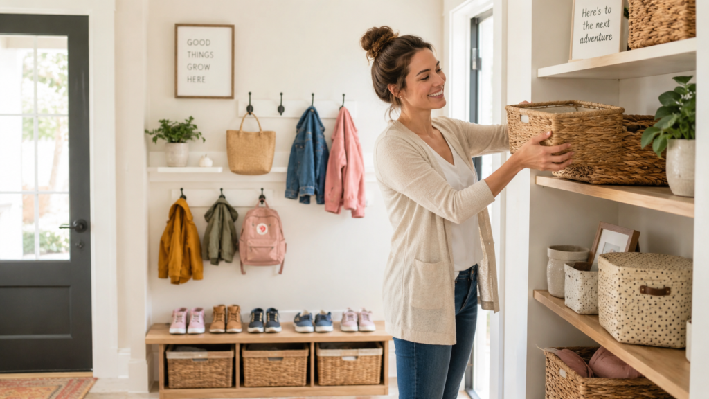 Young mom organizing a family entryway with labelled baskets, a shoe bench, and coat hooks at kid height.