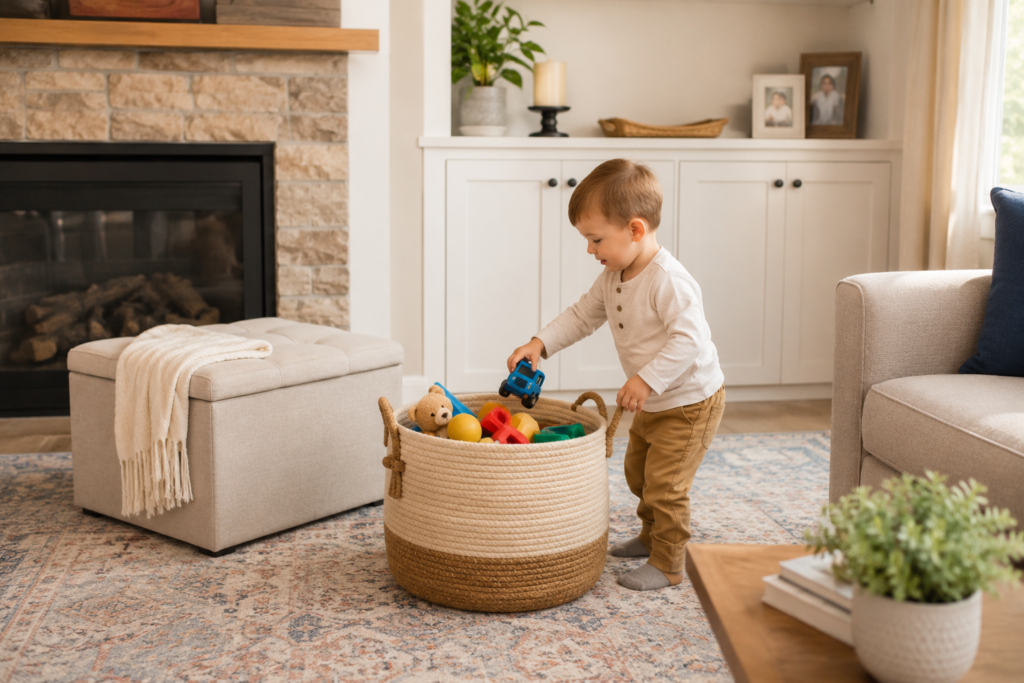 Toddler putting toys into a large basket in a tidy living room with closed storage furniture.
