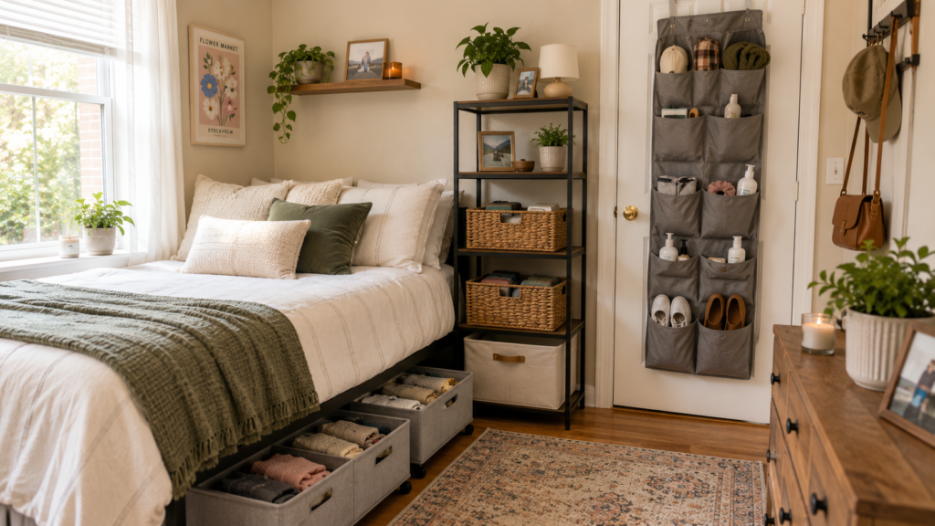 Small rented bedroom using renter-friendly storage including under-bed bins on wheels and an over-door organiser.