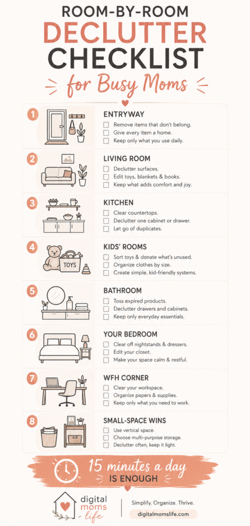 Room-by-room decluttering checklist infographic for busy moms covering eight areas of the home with quick tasks for each.