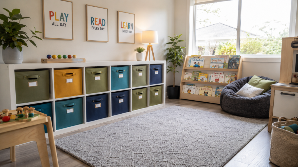 Bright organized playroom with low cube storage, fabric toy bins, play rug and reading corner