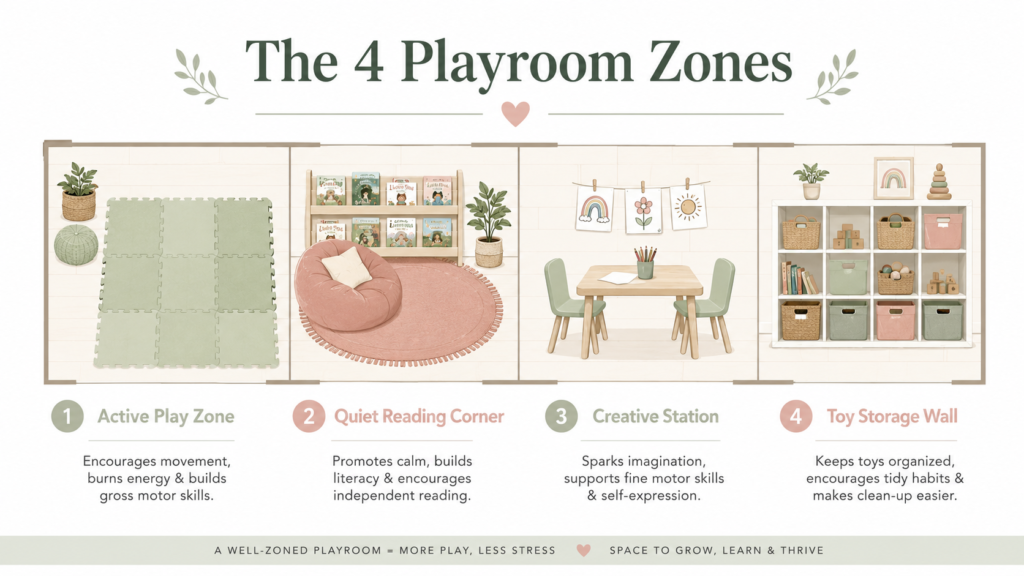 Infographic showing the four playroom zones: active play, reading corner, creative station and toy storage wall