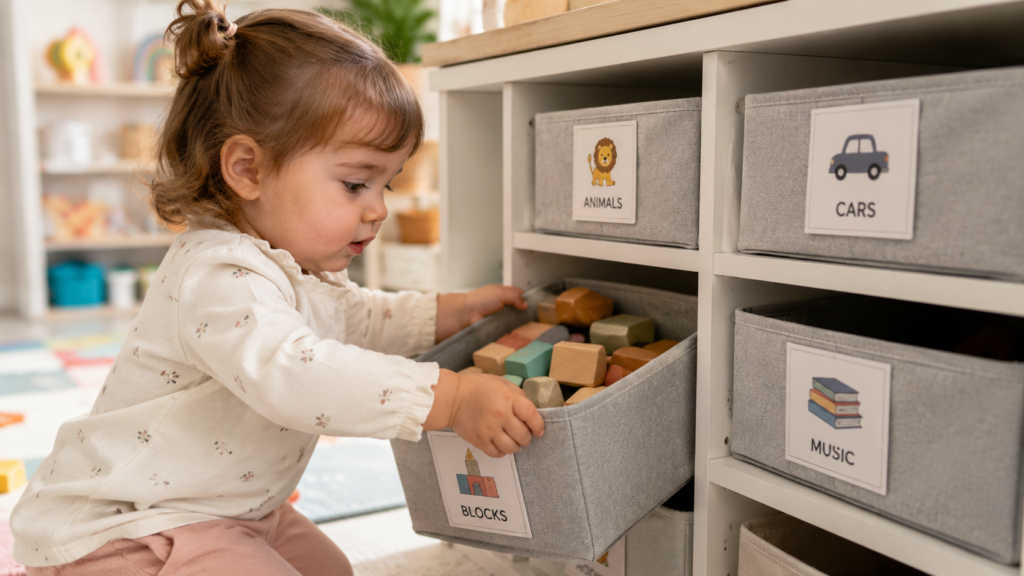 Toddler independently taking a labelled toy bin from a low playroom storage shelf