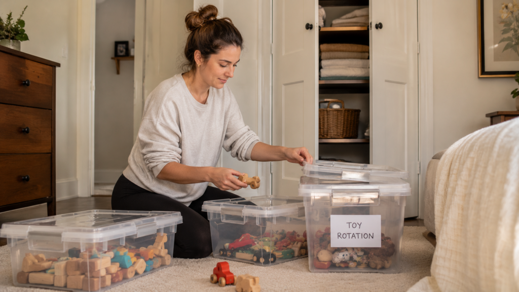Young mom sorting toys into labelled storage boxes for a toy rotation system