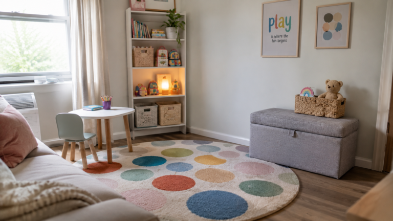 Small living room corner arranged as a children's play area with rug, ottoman and toy storage