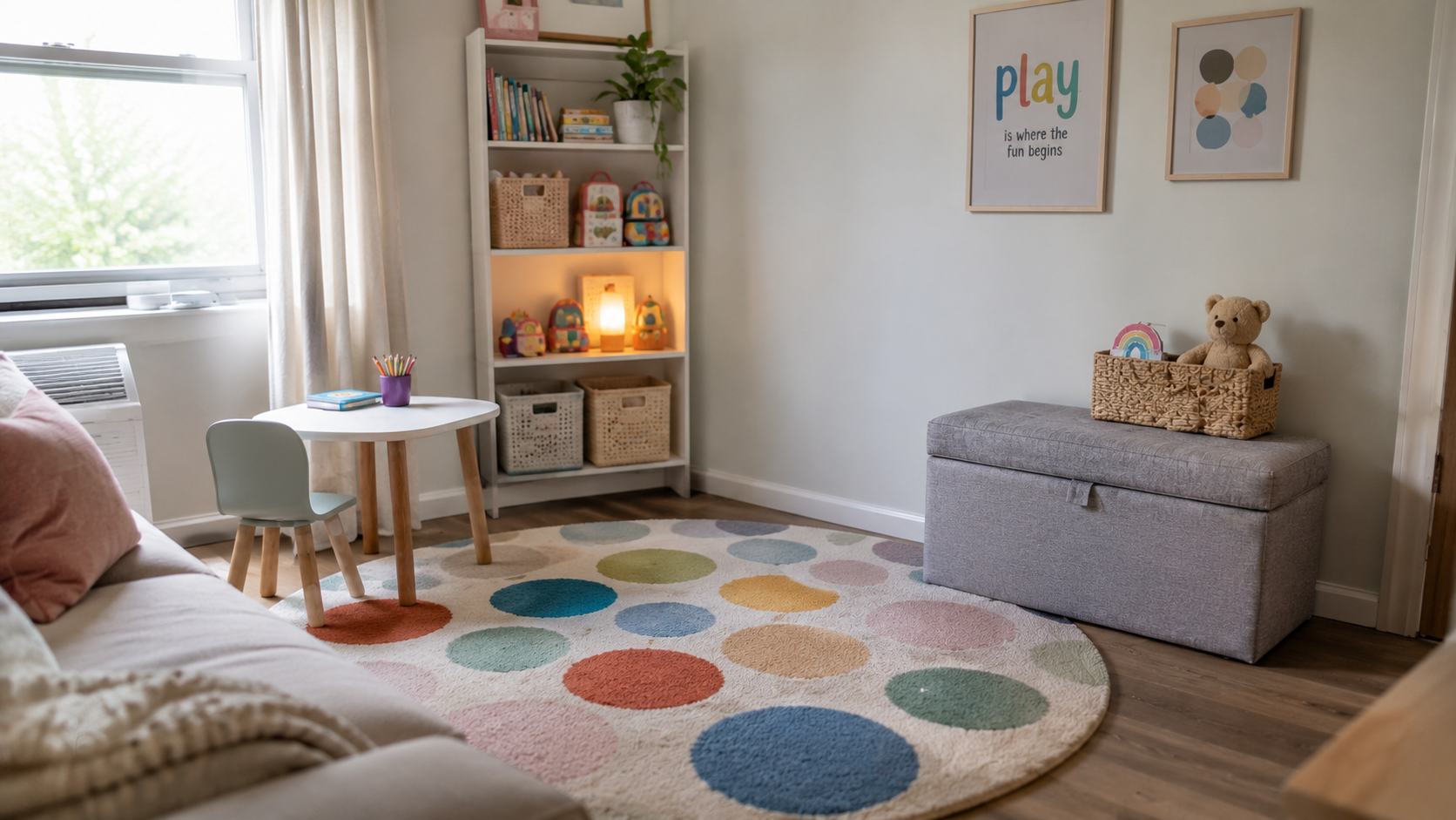 Small living room corner arranged as a children's play area with rug, ottoman and toy storage