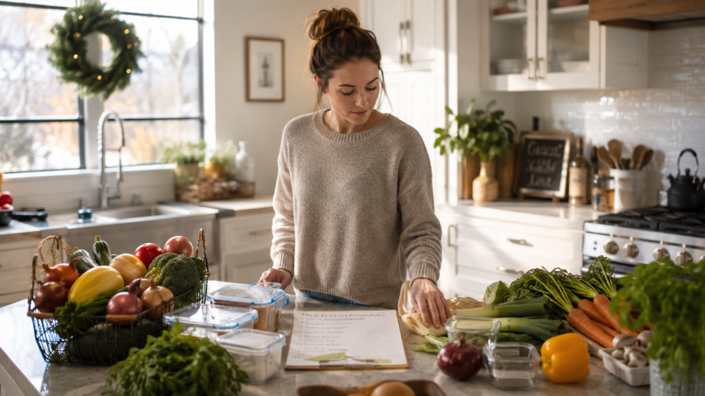Young mom planning weekly meals at a kitchen island with fresh groceries and glass meal prep containers