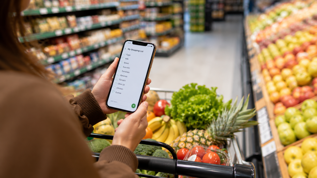 Mom checking a grocery list on her phone while shopping in the fresh produce aisle
