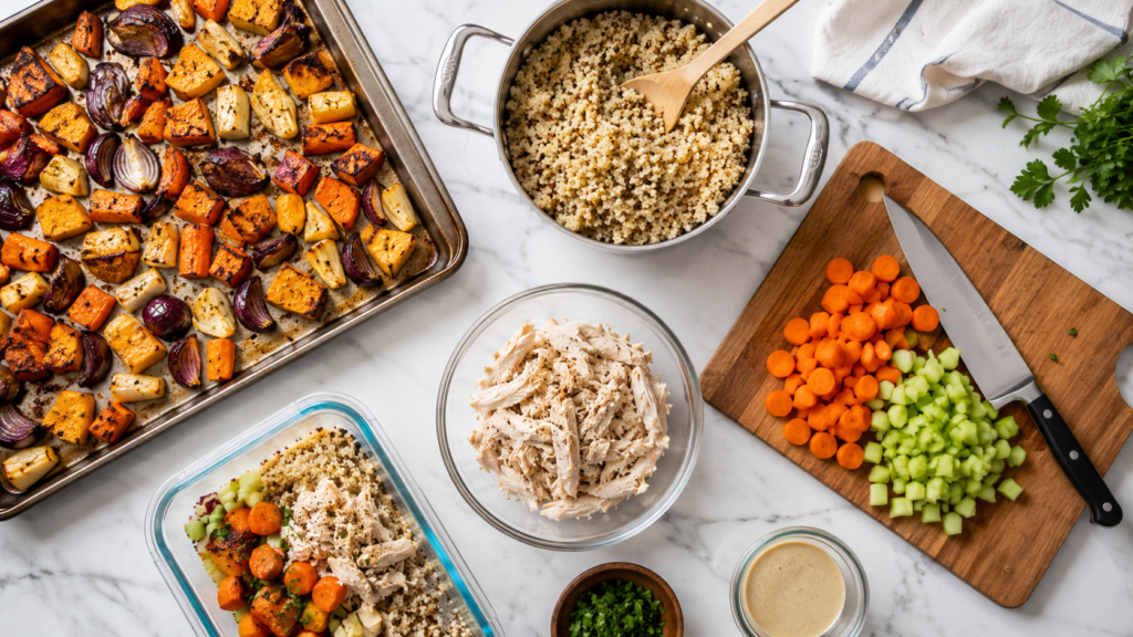 Overhead view of batch-cooked meal prep ingredients including roasted vegetables, quinoa, and shredded chicken