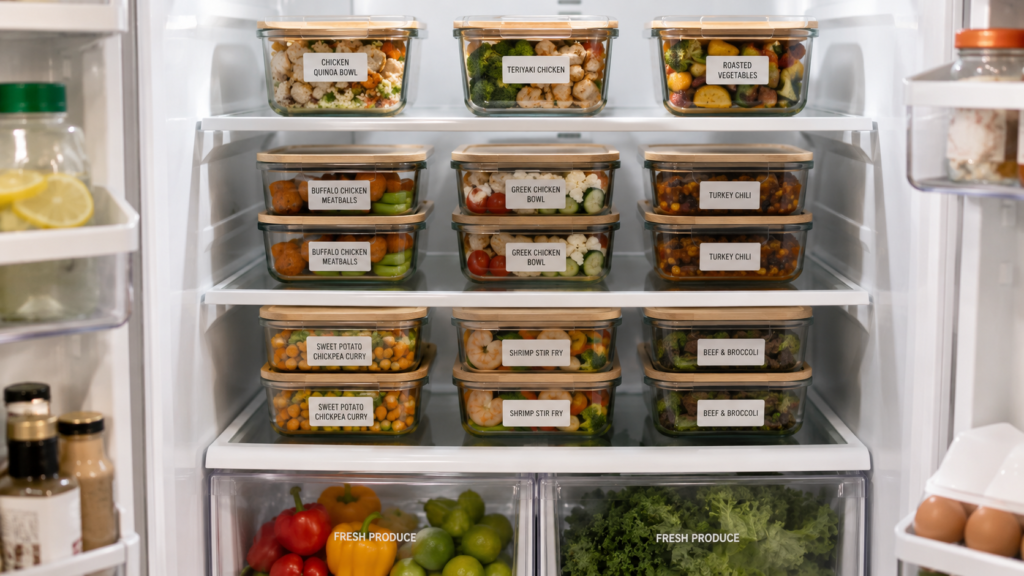 Refrigerator shelf neatly stacked with labelled glass containers of prepped meals for the week