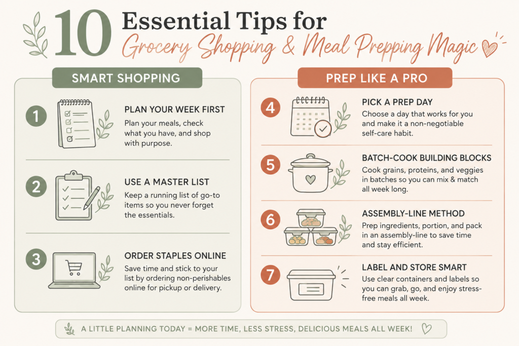 Infographic summarising 10 grocery shopping and meal prep tips for busy moms
