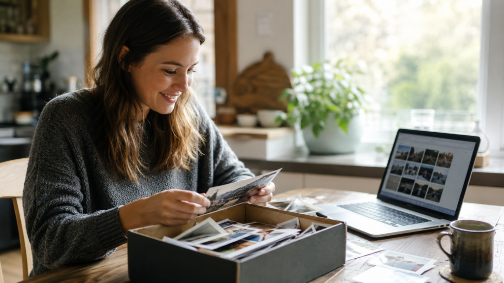 Young mom sorting printed family photos at a kitchen table with a laptop showing a digital photo gallery