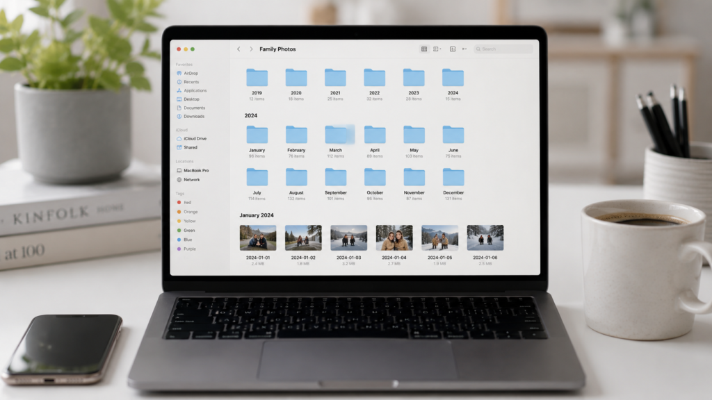Laptop screen showing family photos organized into folders by year and month