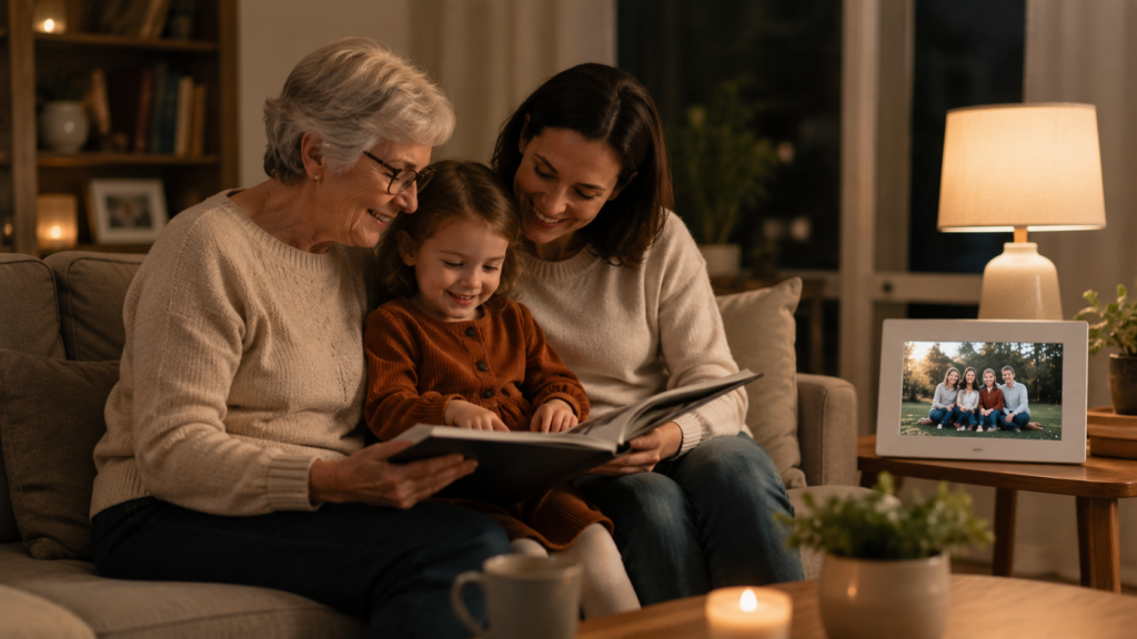 Three generations of a family looking through a photo album together in a cosy living room