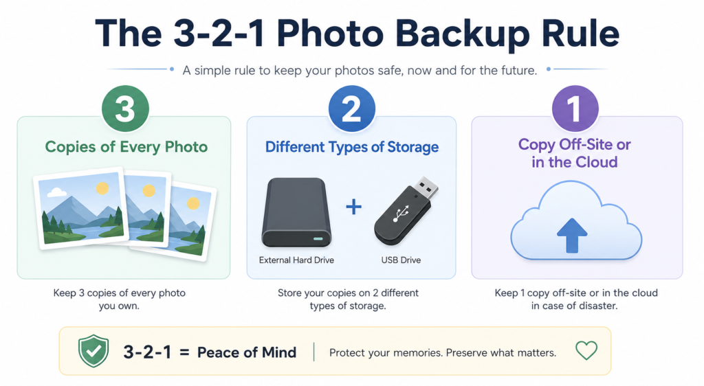 Infographic explaining the 3-2-1 backup rule for protecting family photos