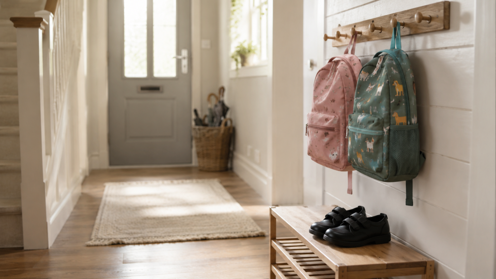 Organised family entryway with children's school backpacks on hooks and shoes on a rack, ready for the school morning.