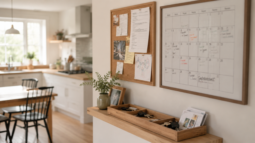 Small family command centre with a corkboard, wall calendar, and paperwork tray mounted in a kitchen.