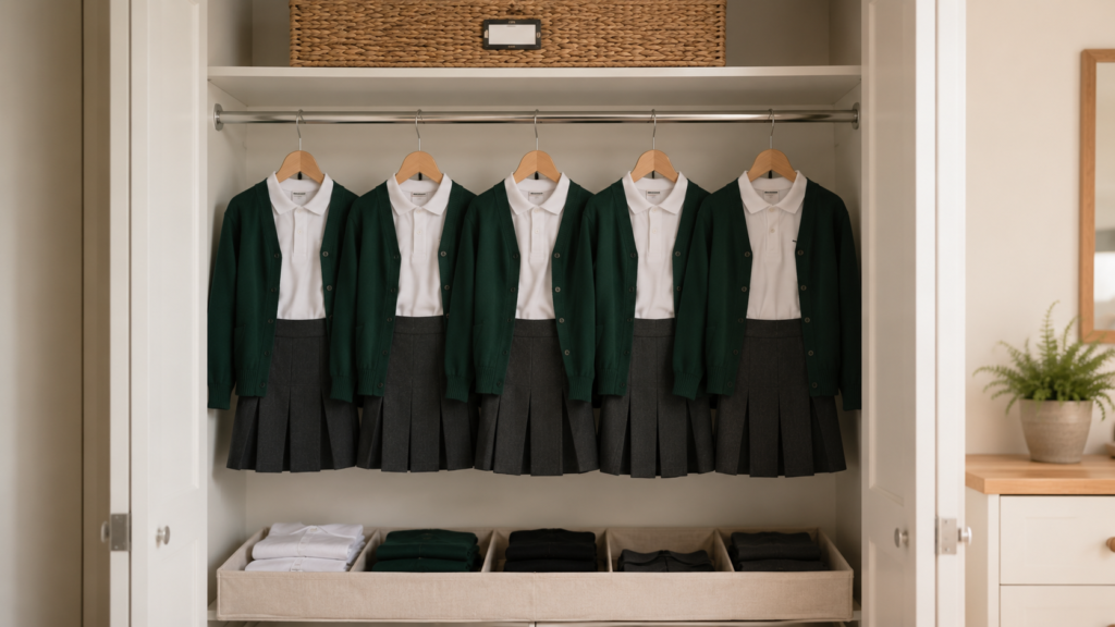 Child's wardrobe organised with five school uniforms on hangers and labelled storage baskets.