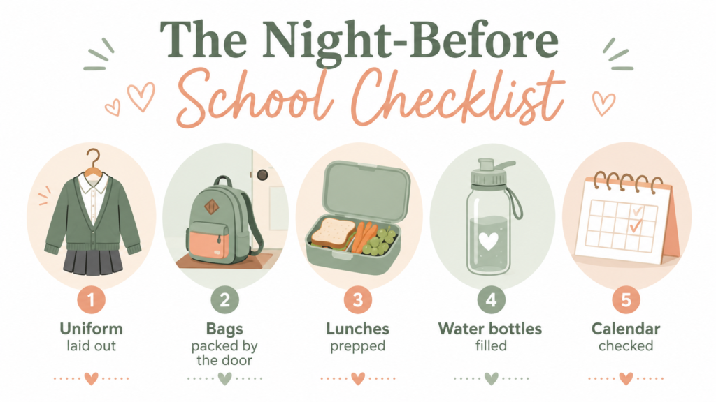 Horizontal infographic showing a five-step night-before school checklist: lay out uniform, pack bags, prep lunches, fill water bottles, check the calendar.
