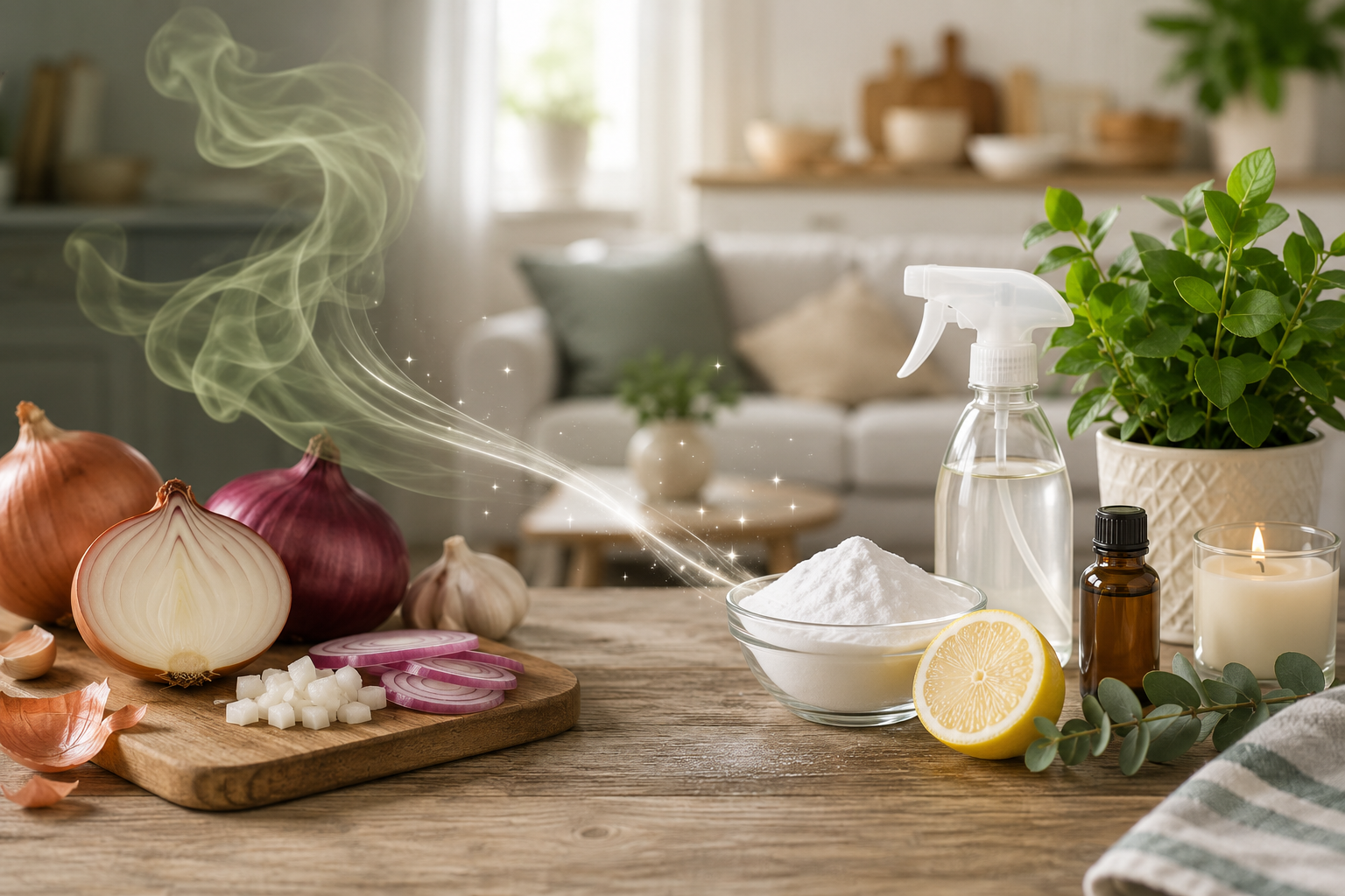 Freshly cut onions on a wooden chopping board beside natural odour-removing ingredients including bicarbonate of soda, lemon, and a spray bottle in a bright, clean home, with a subtle visual effect suggesting the transition from lingering onion smells to fresh air.