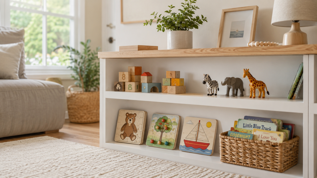 Tidy toddler play shelf with a small rotation of wooden toys, puzzles and books in a bright living room
