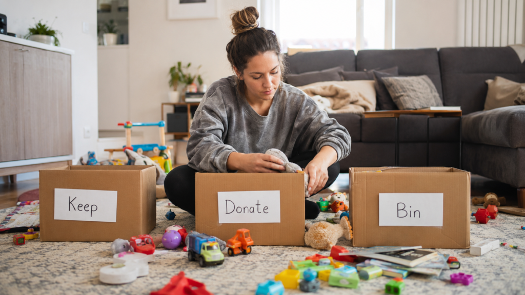 Mom sorting toddler toys into keep, donate and bin boxes during a toy declutter