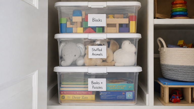 Labelled clear storage boxes filled with sorted toddler toys ready for toy rotation