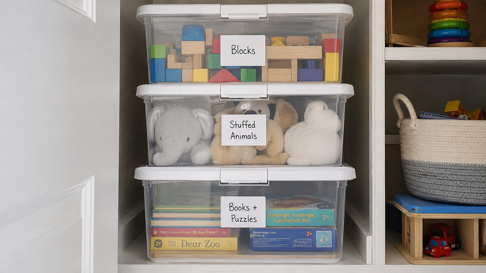 Labelled clear storage boxes filled with sorted toddler toys ready for toy rotation
