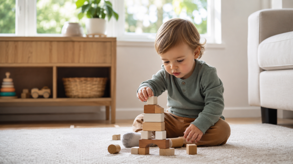 Toddler playing happily with blocks in a calm, clutter-free living room after toy rotation