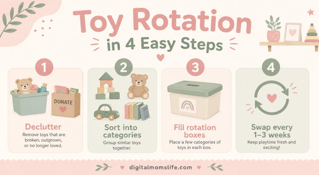 Infographic showing the four steps of toy rotation for toddlers: declutter, sort, box up, and swap every one to three weeks