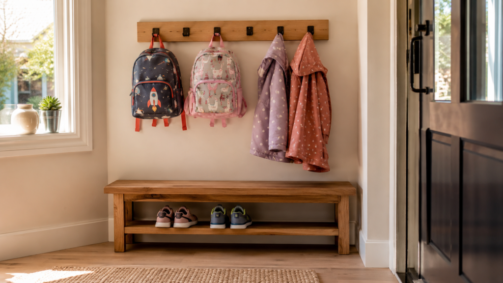 Entryway school morning command centre with kids' coat hooks and shoe bench