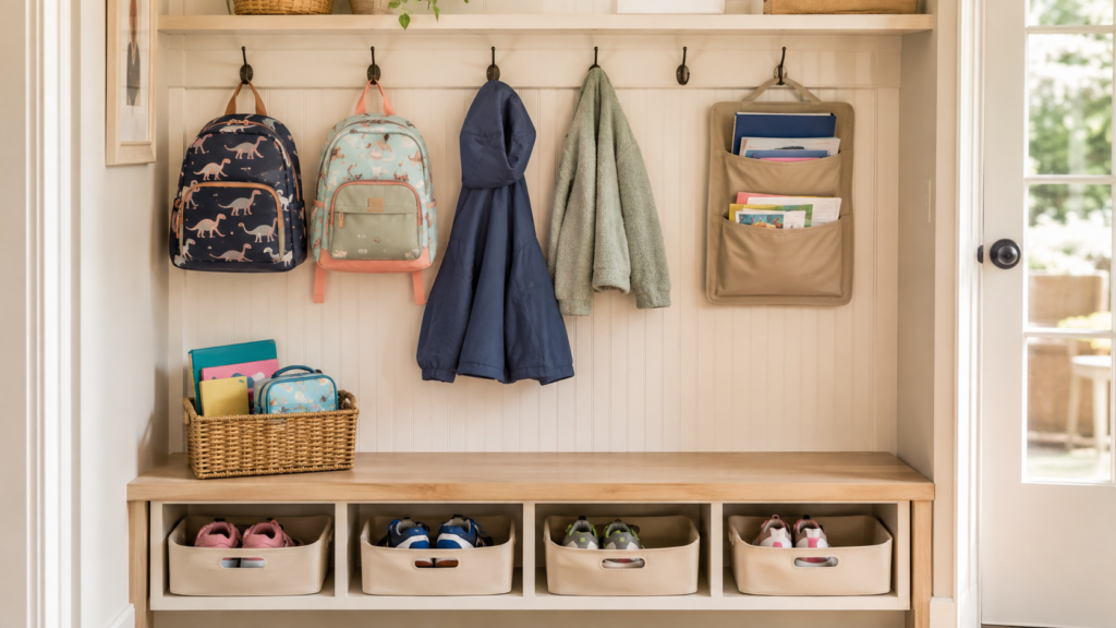 Mudroom wall showing hooks, shoe bin, backpack storage, and outgoing basket zones