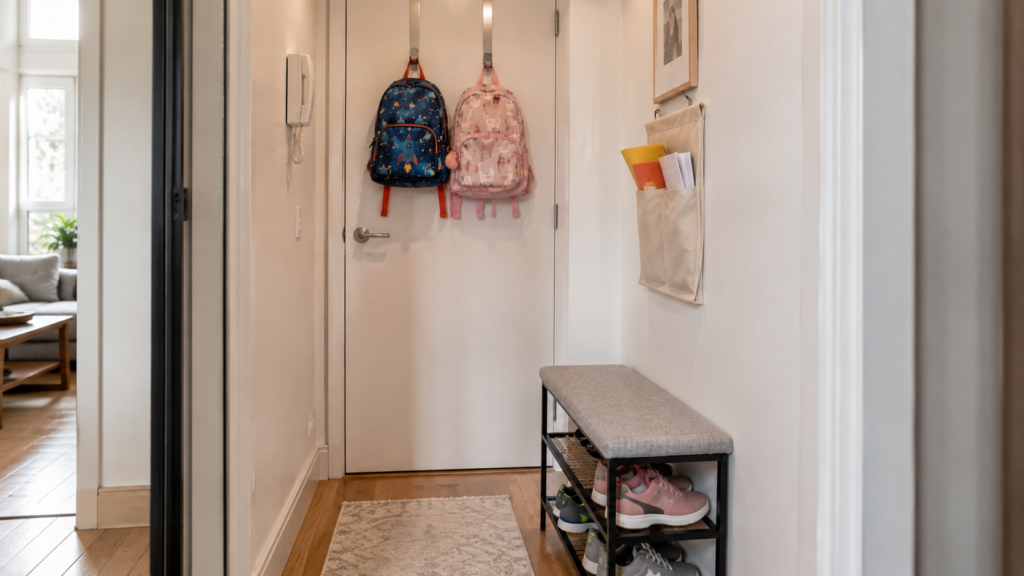 Compact rental-friendly entryway organisation with over-the-door hooks and slim shoe bench