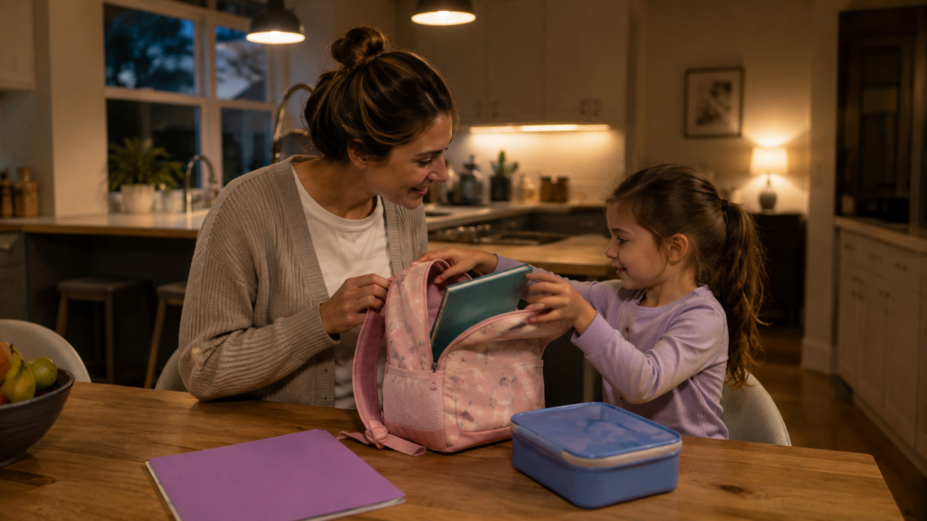 Mom and child packing a school bag together during an evening routine