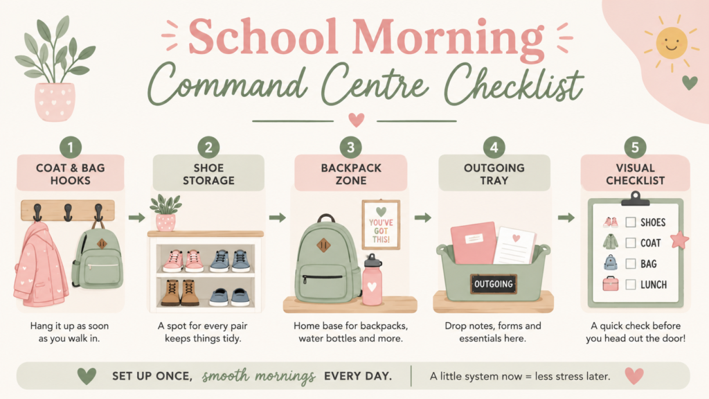 Infographic showing the 5-step school morning command centre checklist