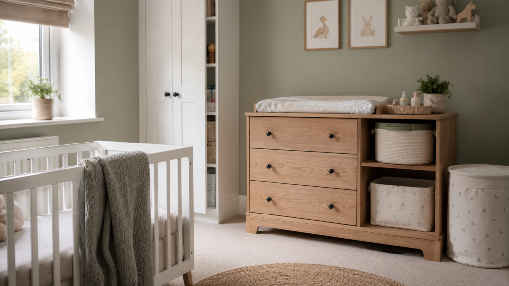Bright neutral nursery with white cot, oak drawers and labelled storage baskets showing nursery organisation ideas