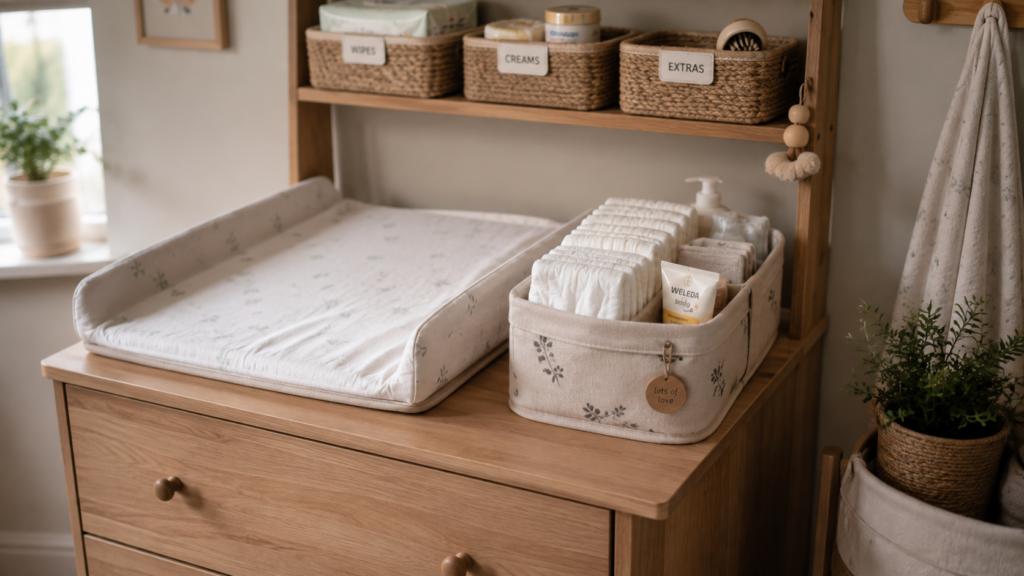 Organised baby changing station with nappy caddy, wipes and labelled baskets all within arm's reach
