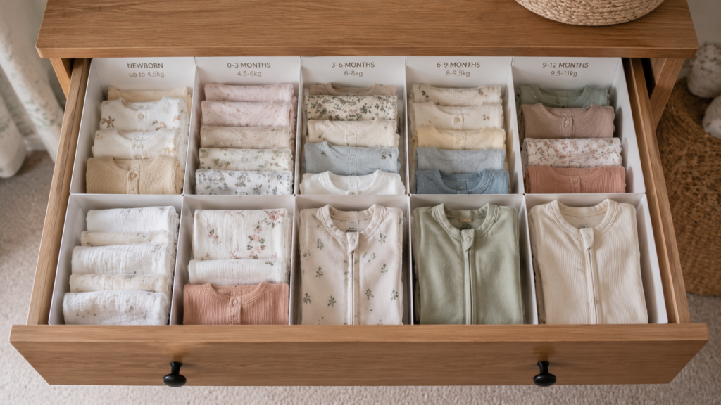 Baby clothes file-folded upright in a drawer with dividers, organised by size