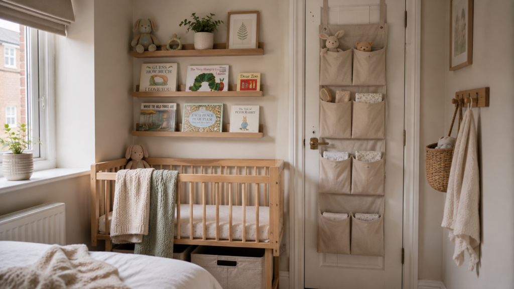 Small-space nursery corner using wall shelves, door organisers and under-cot storage boxes