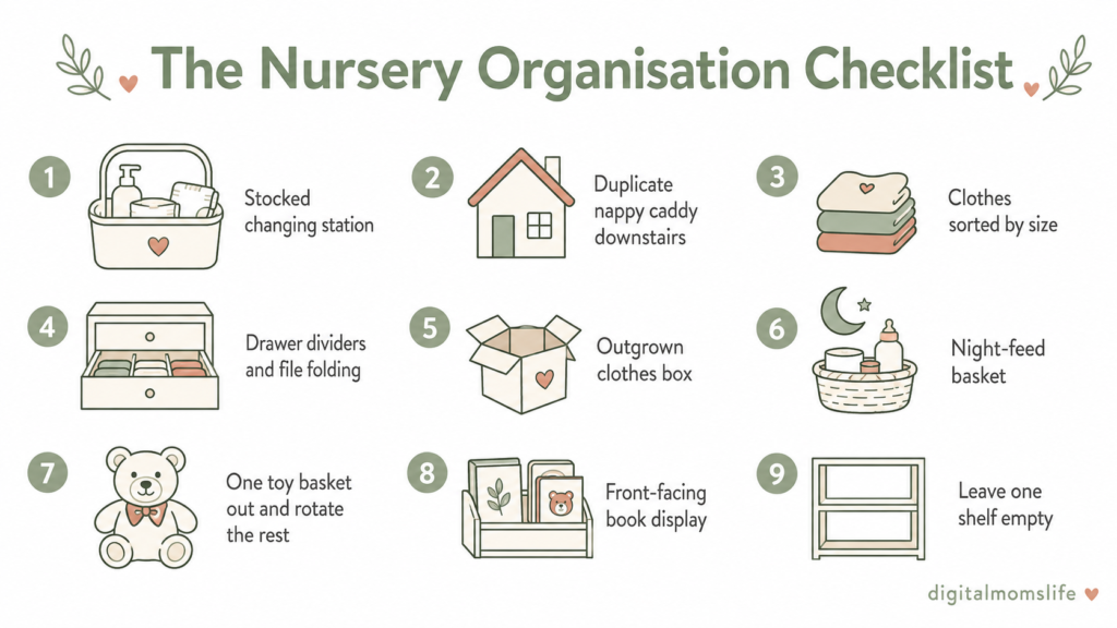 Nursery organisation checklist infographic with nine steps for setting up an organised baby room